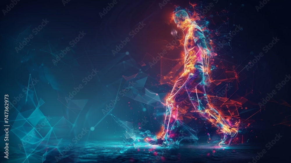 Dynamic representation of a human figure in motion composed of vibrant Biology Diagrams