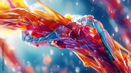 An energetic and vibrant digital artwork of liquid splash in motion with a fusion of red, blue, and orange colors.