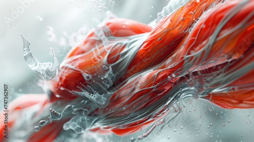 This image showcases a close-up view of muscle tissue and fibers, highlighted with water droplets, emphasizing texture and detail.