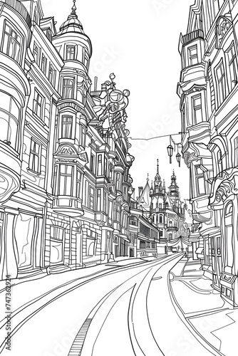 Black and White Drawing of a City Street, coloring page © Reisekuchen