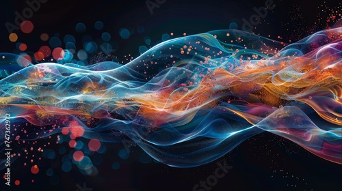 Abstract digital art piece simulating neural synapse waves with sparkling particles in a myriad of vibrant colors. photo