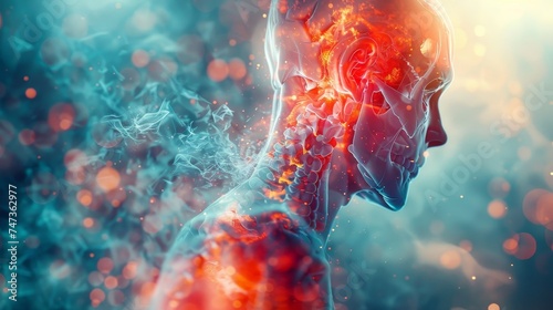 Digital visualization of human anatomy highlighting the ear and neck region with glowing red and blue hues, set against a particle-infused background. photo