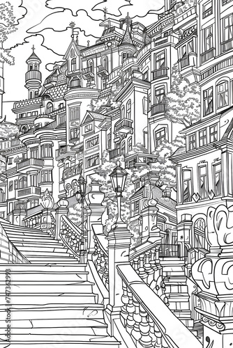 Black and White Drawing of a City Street, coloring page © Reisekuchen
