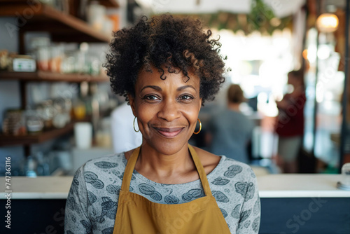 Generated AI picture photo of an adorable smiling woman seller at the market outdoors