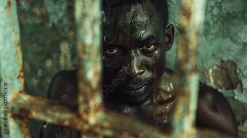 Intense Gaze of an African American Man Behind Rusty Prison Bars