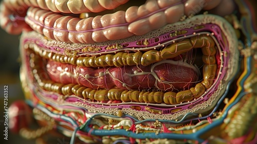 Highly detailed model of the human digestive system showcasing the intricate structures and organs involved in digestion.