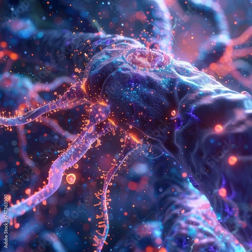 This image showcases a neuron with synaptic transmission, highlighting the connectivity and communication within the brain's neural network.
