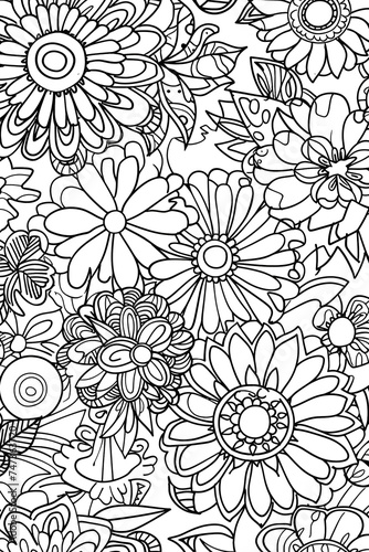Abundant Black and White Floral Pattern  coloring page