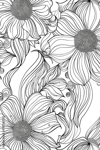 Black and White Drawing of Sunflowers, coloring page