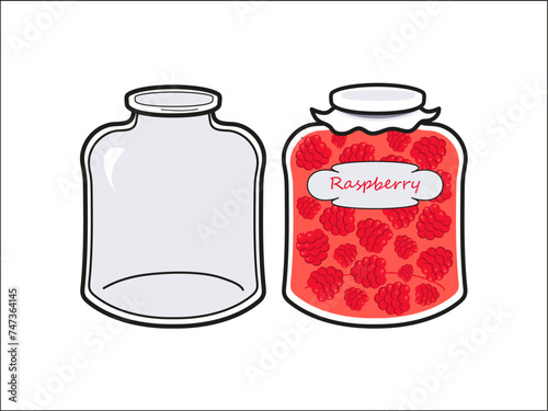 Vector image of an empty glass jar and a jar filled with raspberry jam.