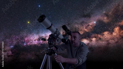Amateur astronomer looking at the evening skies, observing planets, stars, Moon and other celestial objects with a telescope. photo