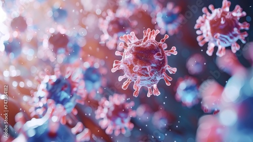 Digital rendering of virus particles in sharp focus against a soft  colorful background with a bokeh effect  symbolizing scientific research.