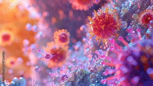 A vibrant composition of abstract viral particles rendered in a microscopic view with a rich color palette.