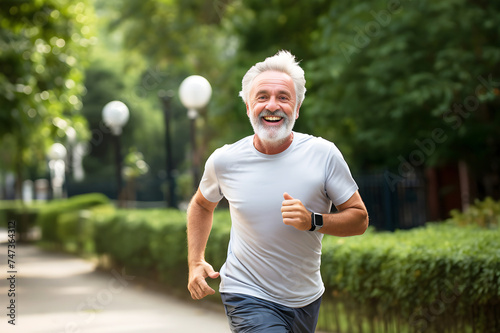 active senior man jogging in park with a big smile