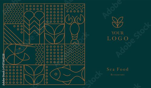 Web banner. Line geometric mosaic seamless pattern illustration. Fish and seafood geometric pattern. Natural food background creative simple, agriculture vector design. Healthy Food pattern