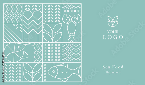 Web banner. Line geometric mosaic seamless pattern illustration. Fish and seafood geometric pattern. Natural food background creative simple, agriculture vector design. Healthy Food pattern