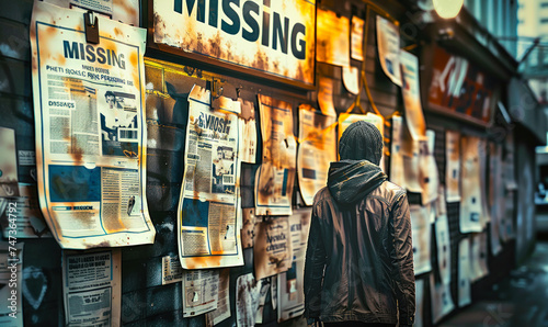 Fotografia, Obraz Rows of aged missing person posters on a wall with a prominent MISSING headline,
