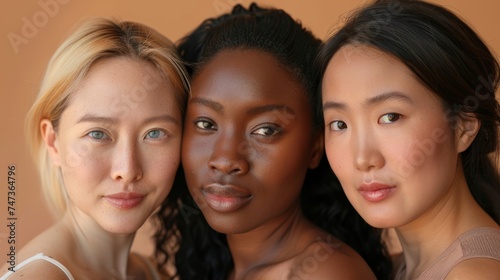 Women of differing ethnicities posing and smiling on a beige background. Diverse ethnicity women including Caucasians, Africans and Asians.