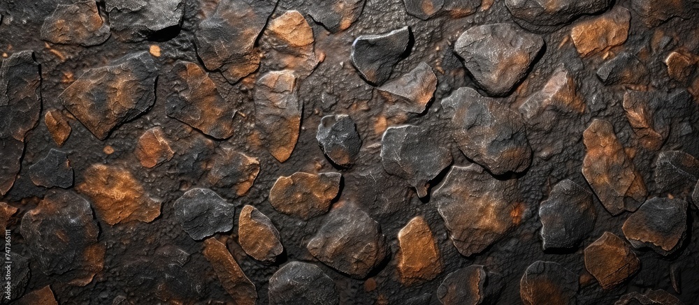 This close-up view showcases a rock wall composed of various shades of ...