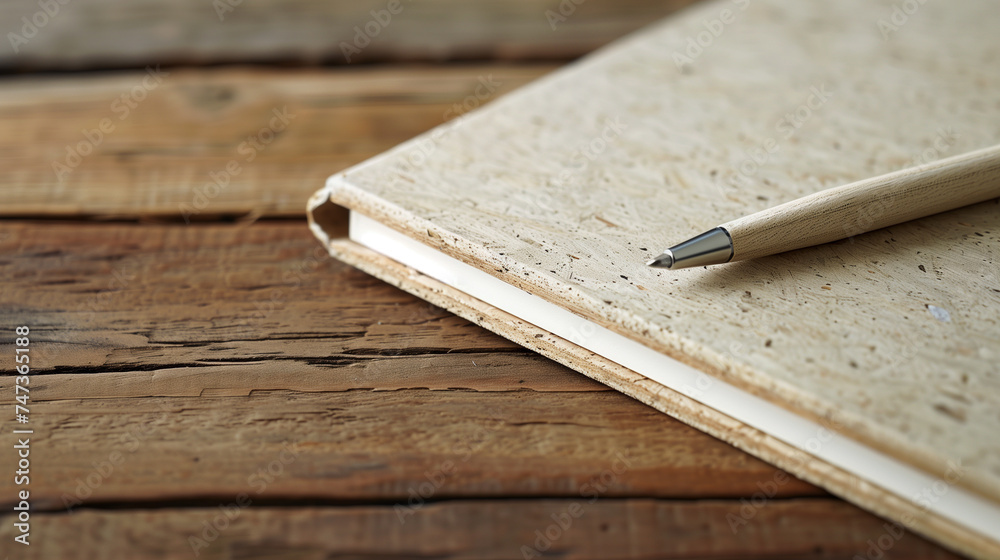 Recycled Material Notebook and Bamboo Pen on Reclaimed Wood Recycled Material Notebook and Bamboo Pen on Reclaimed Wood
