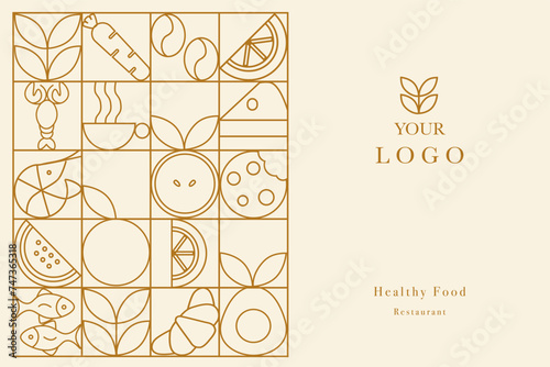 Web banner. Hand drawn illustration. Organic fruit, vegetable, fish, seafood, coffee and bakery geometric pattern. Abstract geometric line background. Gold luxury. Healthy Food pattern