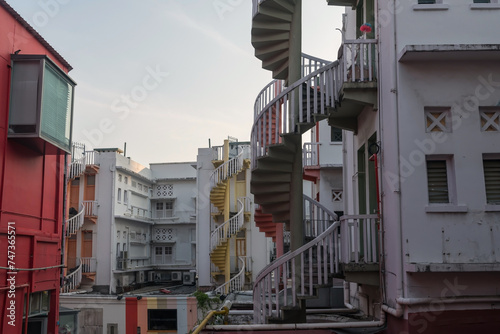 Photography Top view spiral staircases of shophouse in Bugis, Singapore