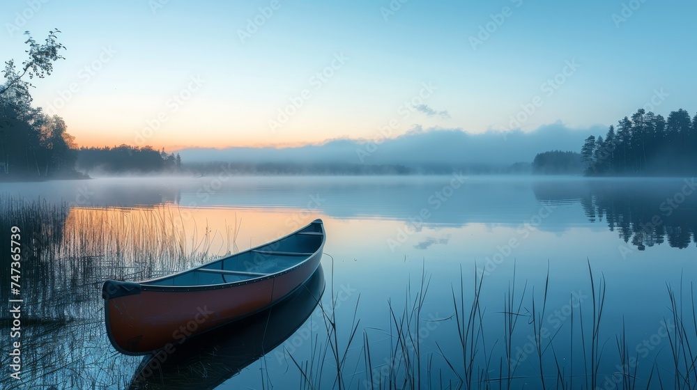 Serene lake at dawn with fog rolling over the water and a canoe on the shore. Serene lake at dawn with fog rolling over the water and a canoe on the shore.