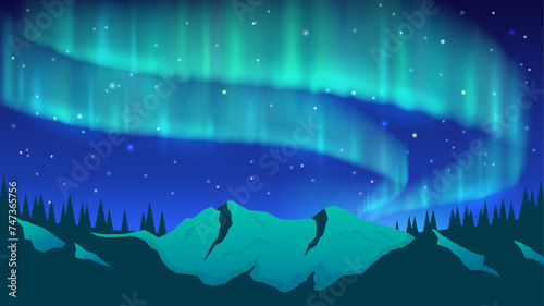 Northern lights over the mountains. A bright glow in the night sky. Aurora borealis. Illuminated mountain rocks and peaks. Vector illustration.