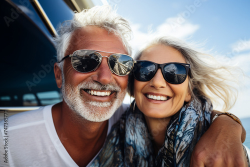 Generative ai photography of a cheerful elderly happy couple hugging and enjoying their romantic feelings © deagreez