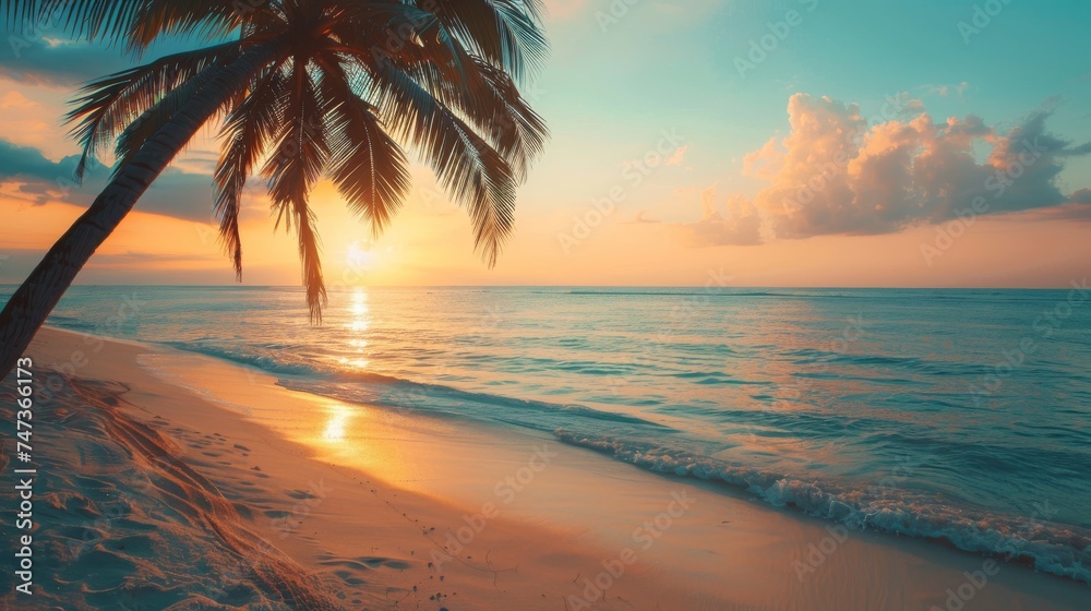 Sunset at a tropical beach with palm trees, soft sand, and a calm ocean, symbolizing relaxation and vacation.