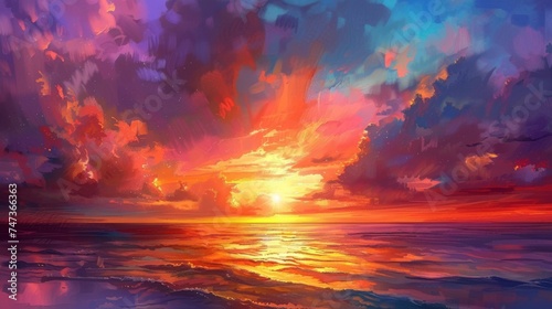 Sunset over the ocean with a calm sea and a sky painted in vibrant hues of orange  pink  and purple.