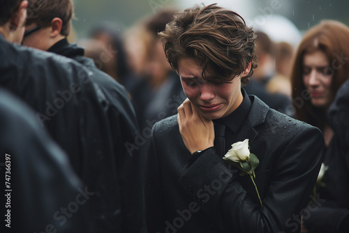 Generative ai picture of crying sad boy in a black suit on funeral farewell ceremony photo