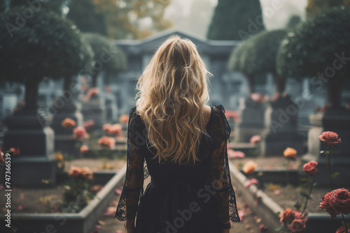 Rear view ai generated picture of sad lonely beautiful girl standing in a cemetery looking at graves