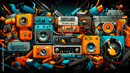 Unique hip hop design featuring computers  cassette players and more. Stand out with a blue and orange color scheme. Ideal for music lovers or those looking for a retro atmosphere.