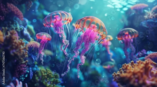 Underwater fantasy scene with glowing jellyfish and coral reefs. photo