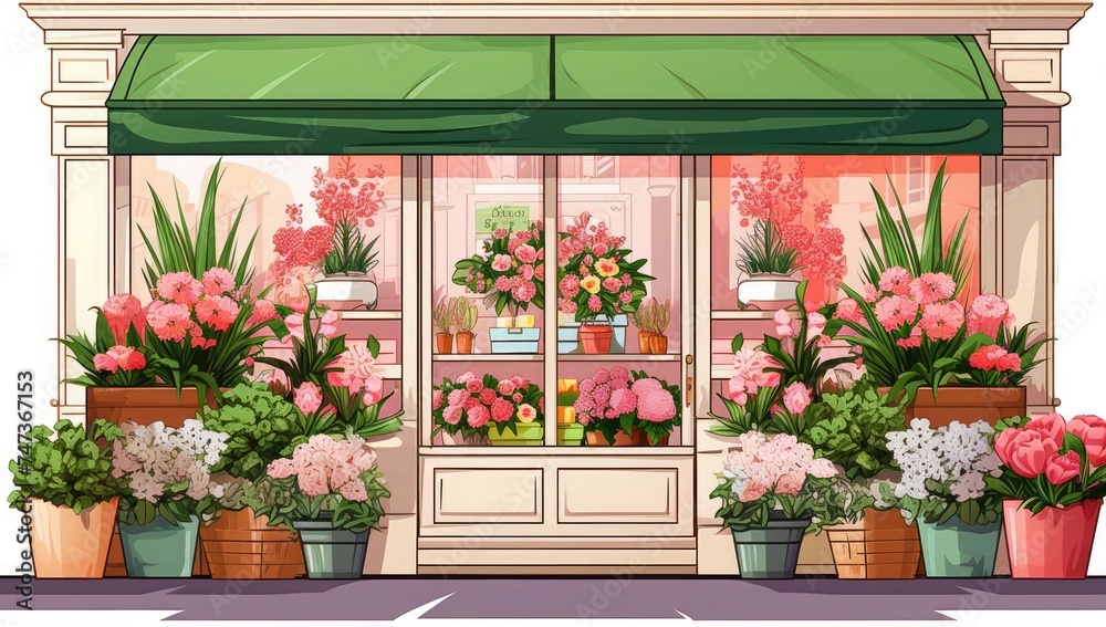 An illustrated depiction of a flower shop front adorned with a variety of potted plants and a beautiful floral arrangement