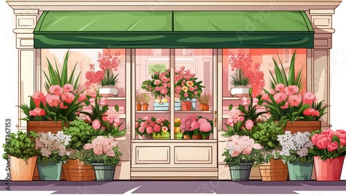 An illustrated depiction of a flower shop front adorned with a variety of potted plants and a beautiful floral arrangement