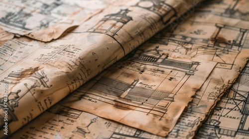 Vintage paper with engraved illustrations of architectural designs and blueprints, aged and detailed.