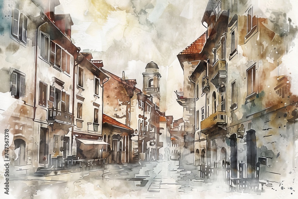 Vintage watercolor city streets and old buildings