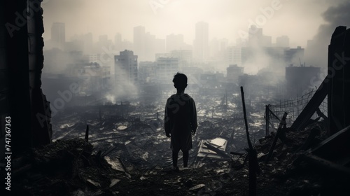 Child looking at destroyed city from inside his home
