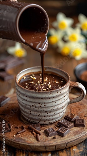 A person pouring chocolate into a cup