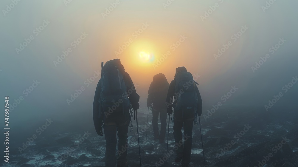 climbers walk in a high and dangerous mountain range with fog with morning sunlight 
