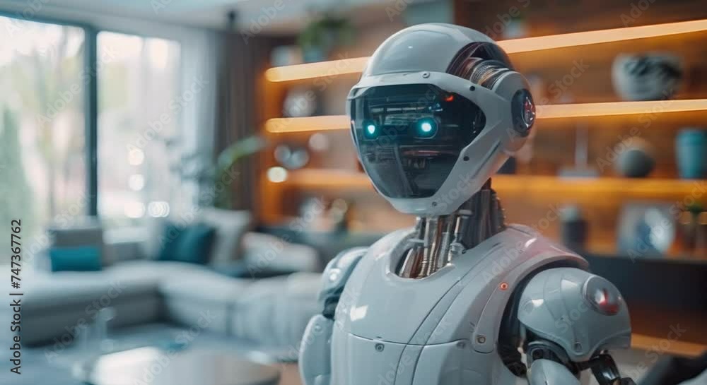 a robot that is standing in a living room a robot that is standing in a living room