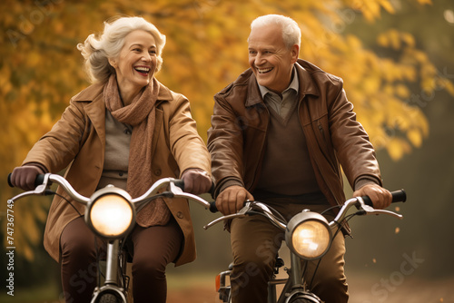 The senior couple enjoys a leisurely bike ride through the park