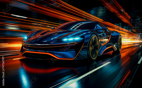 Unique and visually striking blue car design with blurred stripes. Captures the essence of speed and movement against a dark background. Stands out from traditional automotive designs