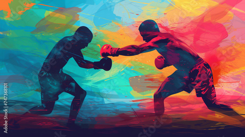 Abstract illustration of a male boxers wearing boxing gloves exercising their punching technique for a championship match in a canvas ring, stock illustration image photo