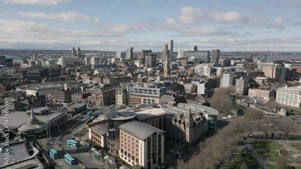 View of Liverpool city centre towards Pier Head and River Mersey, England View of Liverpool city centre towards Pier Head and River Mersey, England