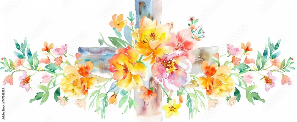 Easter Cross with Watercolor Flowers