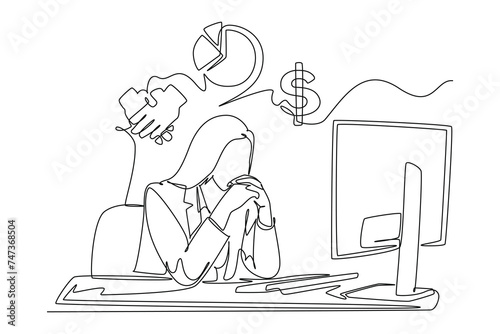 Continuous one line drawing Business icons are floating above head concept. Doodle vector illustration.