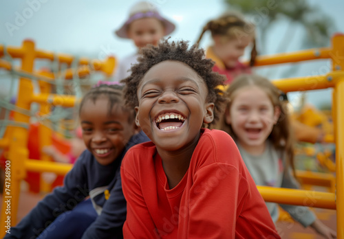 Sunny Days of black children Playful Togetherness: Carefree Preschoolers Laughing, Learning, and Creating Joyful Memories in the Vibrant Outdoors with Friends and Positive Energy